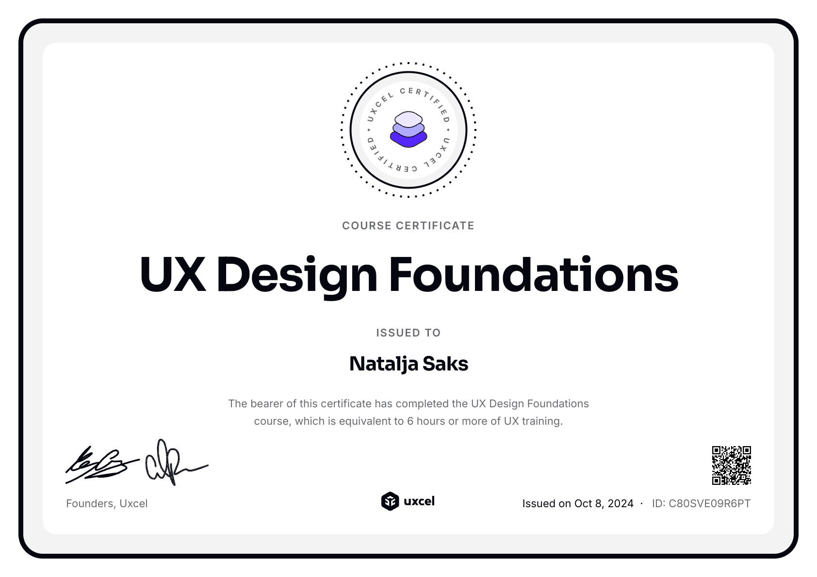 Natalja Saks's certificate